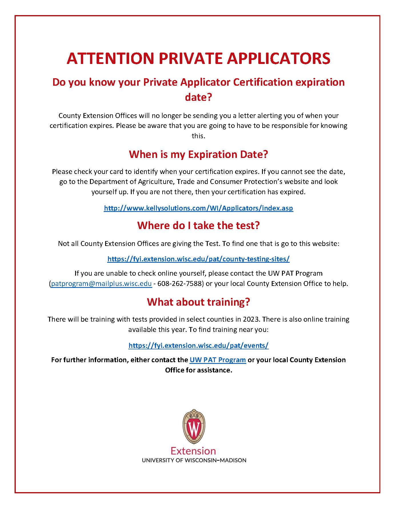 ATTENTION PRIVATE APPLICATORS Extension Langlade County